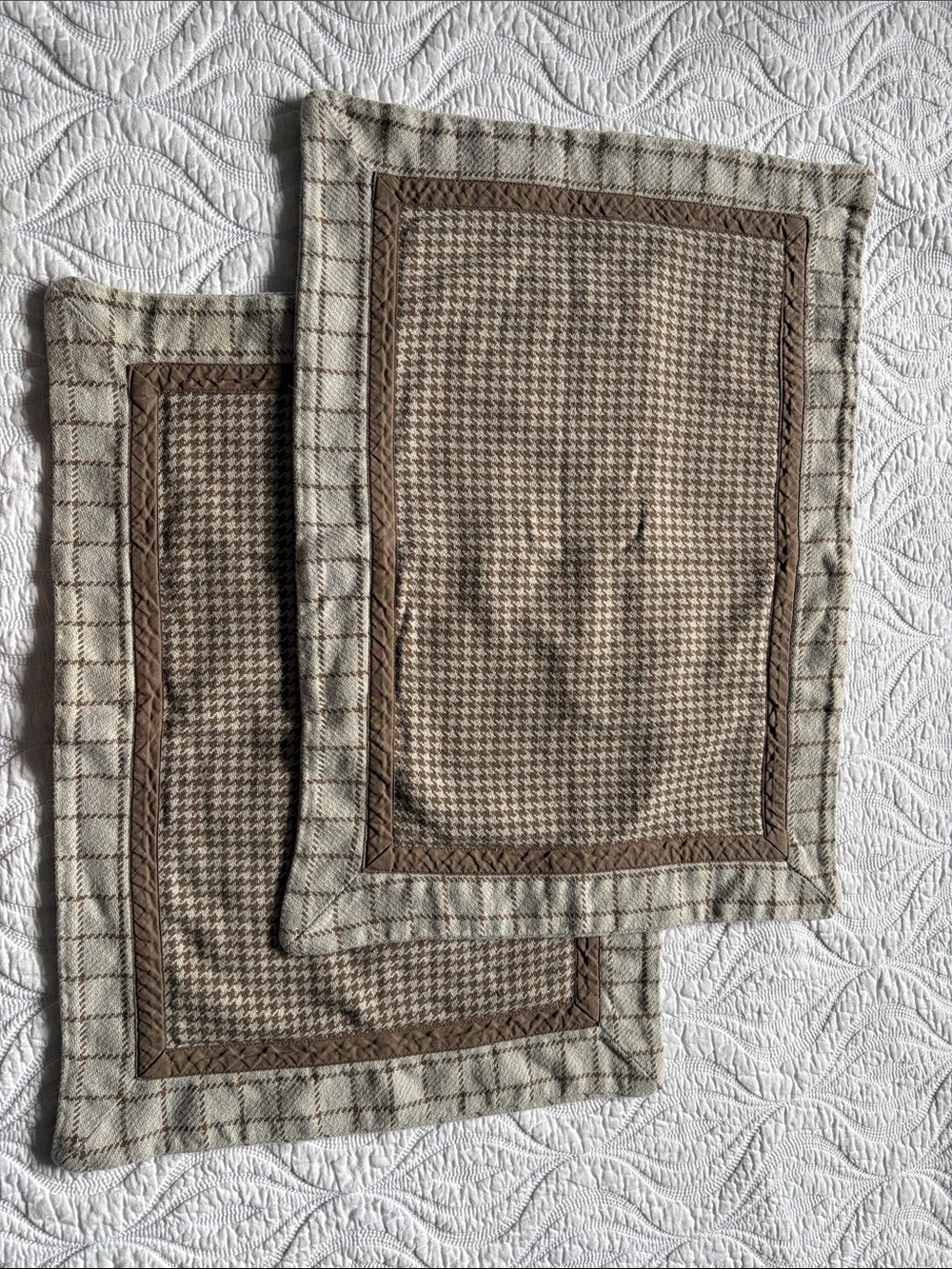 Restoration Hardware Brown and Blue Houndstooth Pillow Shams and bed skirt
